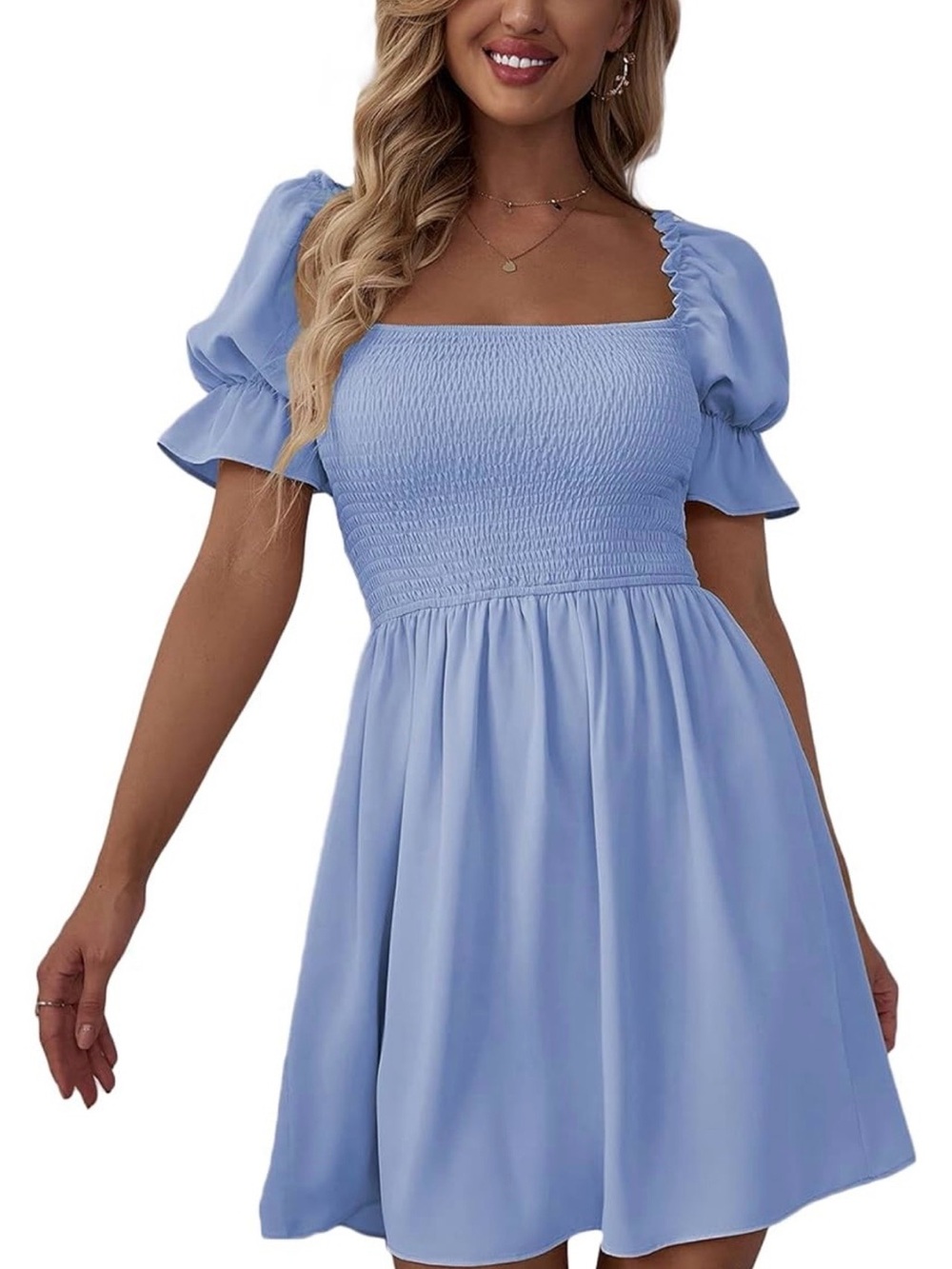 Light Blue Women’s Square Neck  Smocked Puff Sleeve Mini Dress
